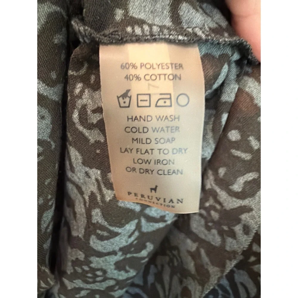 Peruvian Connection XL Grey Black Burnout Print Peplum Short Sleeve Blouse Top